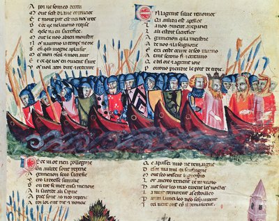 Soldater i skipene deres, fra Codex Benito de Santa Mora av Italian School