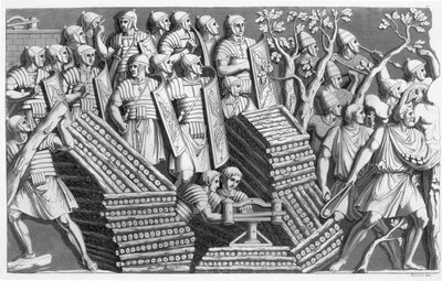 Soldater, som muligens bygger en pontongbro eller beleiringsmotor, muligens fra Trajans-søylen, fra Customs of the Romans, ca. 1800-10 (etsing og akvatint) av Italian School
