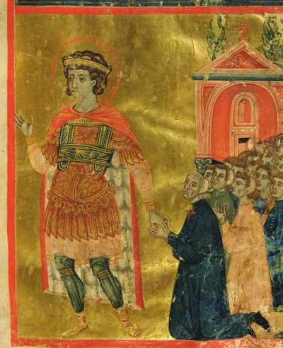 Noen brødre som ber til St. Theodore, fra en Mariegola, 1350 (blekk og bladgull på vellum) av Italian School