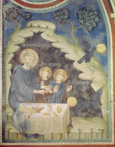St. Benedict beordrer en ravn til å ta det forgiftede brødet (fresco) av Italian School