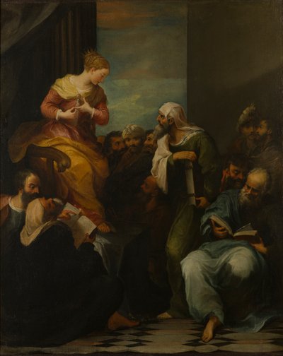 Den hellige Katarina i strid med dommerne, ca. 1650-1710 (olje på lerret) av Italian School