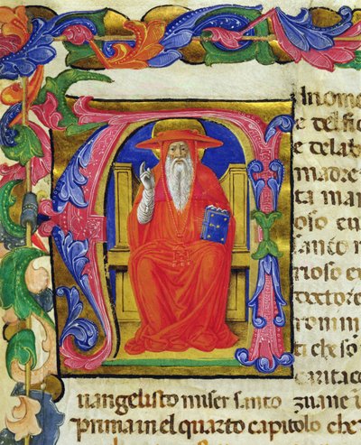 St. Jerome, fra en Mariegola fra lekmannslauget St. Jeroma, ca. 1400 (blekk og bladgull på vellum) av Italian School