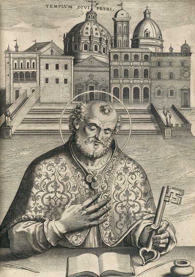 St Peter foran St Peters Basilica fra Septem Urbis Primariae Church, pub. 1599 av Italian School