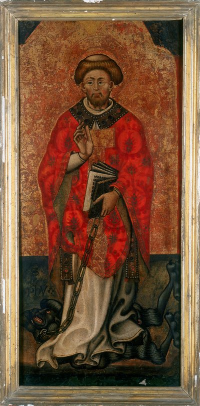 St. Philip tråkker på en demon, maler på tre fra 1400-tallet av Italian School