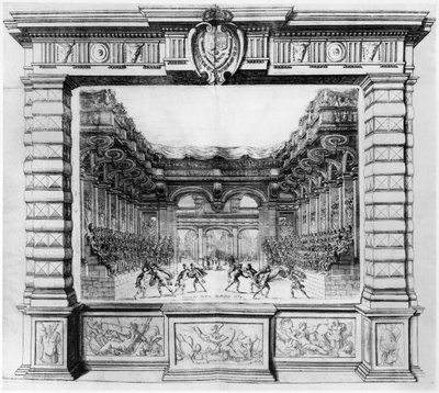 Scenedesign av Giacomo Torelli (1608-78) for la Finta Pazza fremført i 1645 på Theatre Petit Bourbon i Paris, 1654 av Italian School