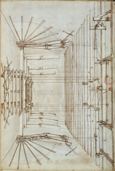Scenemaskineri for operaene ved San Salvatore-teatret i Venezia, 1675 (penn- og blekkvask på papir) av Italian School
