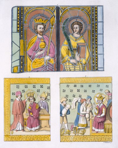 Glassmaleri fra Uppsala gamle kirke, plate 42 fra Le Costume Ancien et Moderne av Jules Ferrario, utgitt ca. 1820-30-tallet av Italian School