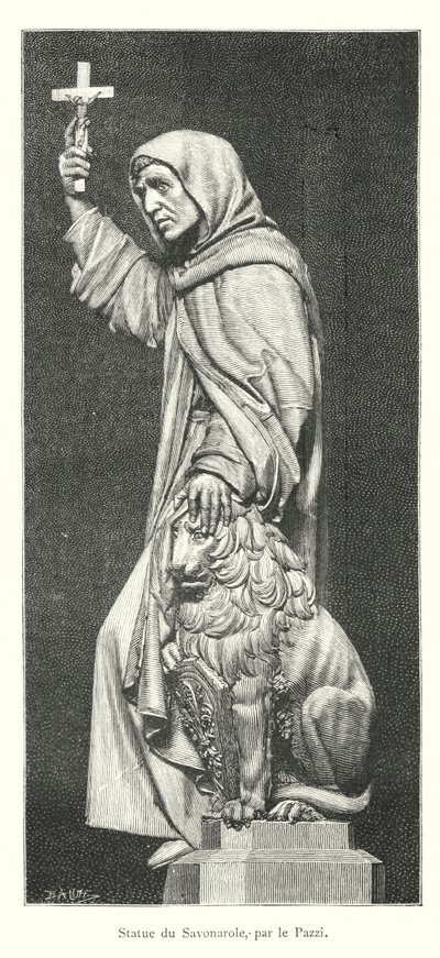 Statue av Savonarola, av Pazzi (gravering) av Italian School