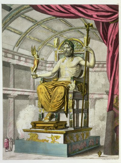 Statue av Jupiter i et tempel, fra Costumi dei Romani, gravert av Angelo Biasioli (1790-1830), ca. 1805-20 (akvatint) av Italian School