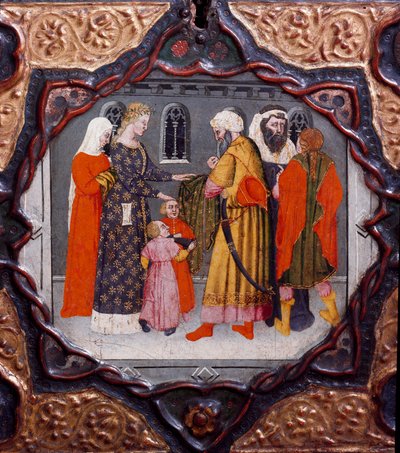 Tiende dag, niende nyheter: dagen til Messer Torello og Saladin (1138-1193) (Salah al Din Yusuf al-Ayyubi (al Ayyubi). Malt boks som illustrerer "Decameron" "av Giovanni Boccaccio (Jean Boccaccio) (1313-1375) ) ). 1400-tallet. Firenze, Museo Nazionale del  av Italian School