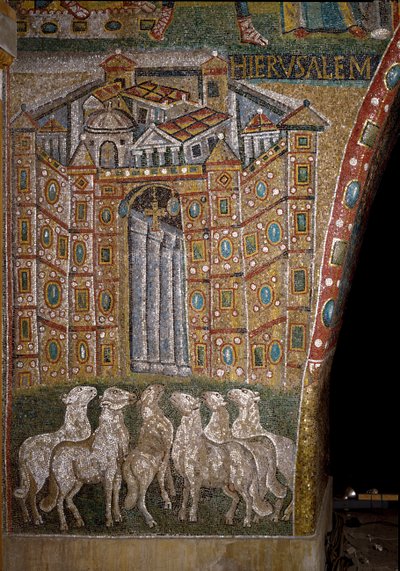 Jerusalems port med lam som symboliserer apostlene (mosaikk) av Italian School