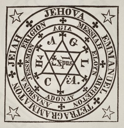 Agrippas store magiske sirkel for fremkalling av demoner, kopi av en illustrasjon fra Les Oevres Magiques de Henri Corneille Agrippa, Roma 1744, brukt i en magihistorie, utgitt sent på 1800-tallet av Italian School