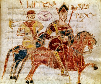 Kongen av francene og deretter Lotharia I (9. århundre) Miniatyr fra "Codex Legum Longobardorum" (eller Langobardorum) som beskriver lovene i det langobardiske riket etablert av kong Rothari av Italian School