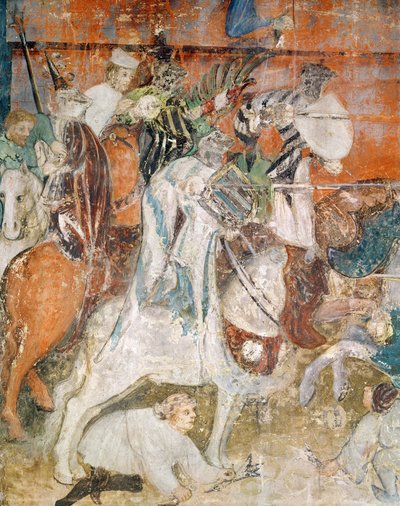 Februar måned, detalj av en ridder ved en turnering, ca. 1400 (fresco) av Italian School