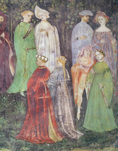 Juni måned, detalj om adelsmenn og kvinner som går, ca. 1400 (fresco) av Italian School