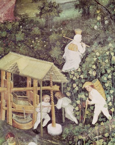 Oktober måned, detalj om drueplukkere som presser druer, ca. 1400 (fresco) av Italian School