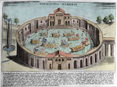 The Naumachia of Neron, representasjon av et sjøslag i Roma. Gravering (1600-tallet). av Italian School