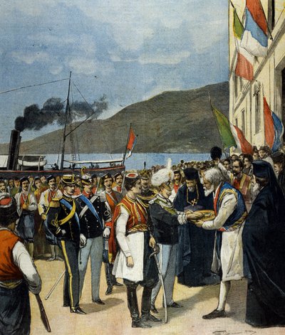 Prinsen av Napoli - da Victor Emmanuel III (Victor-Emmanuel) (Vittorio Emanuele) - mottar i Rijeka, ifølge tradisjonen, brød og salt fra familien til Helene de Montenegro. av Italian School