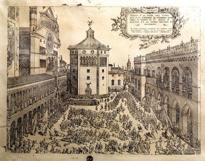 Taurus-festen på det store torget i Cremone (Cremona) i Italia. Gravering av Cremona fra 1500-tallet, Museo Civico Italia av Italian School