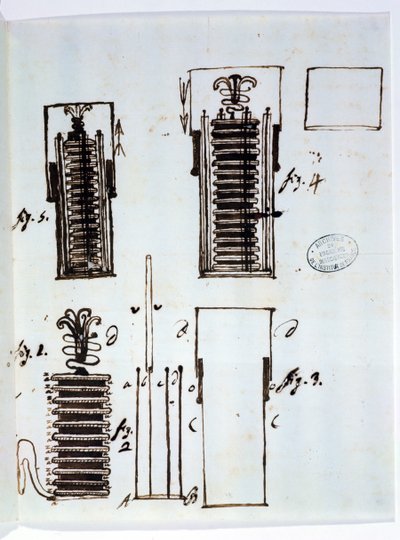 Voltaisk haug (batteri). Tegning fra et brev fra Alessandro Volta (1745-1827) til Dieudonne Dolomieu (1750-1801) om galvanisme, 1801 (penn og blekk på papir) av Italian School