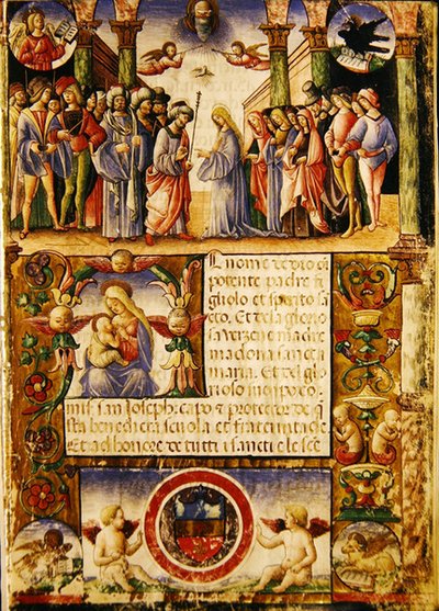 Jomfruens forlovelse, fra en Mariegola fra lekmannslauget St. Joseph og St. Sylvester, 1315 (blekk på vellum) av Italian School