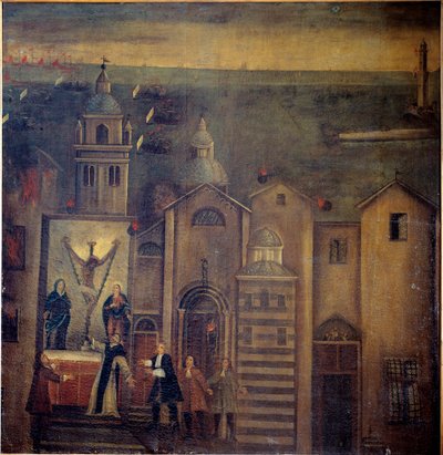 Kirken Santa Maria del Castello rammet under bombingen av franskmennene i 1684, Genova (olje på lerret av Italian School