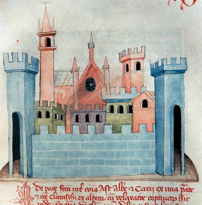 Byen Cherasco (Querasque) i provinsen Coni i Piemonte i Italia. Kirke og mur og festningstårn i middelalderbyen. Side av Codex Astensis eller Malabayla. 1200-talls miniatyr. Asti, Archivio Storico Comunale av Italian School