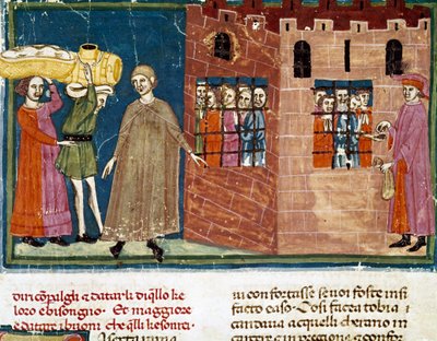 Utdeling av måltider til fanger Miniatyr av den florentinske skolen hentet fra en utvidelsesutgave av "Pater noster" av Ser Zucchero Bencivenni (MS.II.VI 16) begynnelsen av 1300-tallet Firenze, nasjonalbiblioteket av Italian School