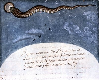 Måneformørkelsen forestilt av Mogol-indianerne (en slange som fortærer månen) Side hentet fra manuskriptet (ms.8300) "History of Mogol" (Moghul eller Moghol) av Stefano Nivibus Cardeira. 18. århundre. Bibloteca marciana, Venezia av Italian School