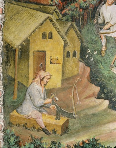 Bonden forbereder ljåen for høyproduksjon (fresco) av Italian School