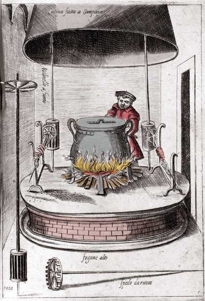 Kjøkkenet under en bjelle. Gravering fra "Opera", bok om gastronomi delt i 6 deler, av Bartolomeo Scappi, personlig kokk til pave Pius V. Venezia av Italian School