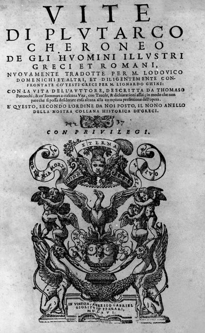 Livene til berømte menn. Frontispice av Plutarch di Cheronees bok, også kalt "Paralleles Lives"". Venetiansk utgave 1561. av Italian School