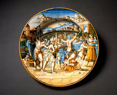 Massakren på de uskyldige. Keramisk plate produsert i Urbino i verkstedet Fontana, Italia. 1566 rundt Firenze, Museo Nazionale del Bargello av Italian School
