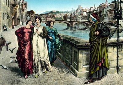 Møtet mellom Dante og Beatrice (farge litho) av Italian School