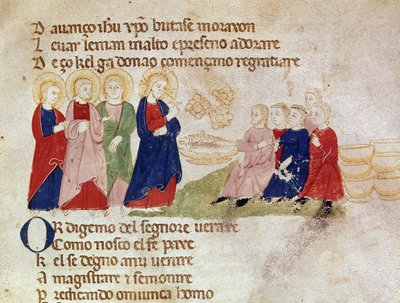 Multiplikasjonen av brød og fisk Miniatyr hentet fra "" Del novo e del vedre testamento"" av Pietro da Barsegape (1200-tallet) 1300-tallet Milano, Biblioteca Braidense av Italian School