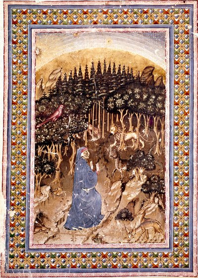 Poeten Dante befinner seg i en mørk skog. Den opplyste siden av den første helvetesangen er hentet fra "Divina Commedia" (Divine Comedy) av Dante Alighieri (1265-1321). Manuskript Ms. Conv. Soppr. 204 av Italian School