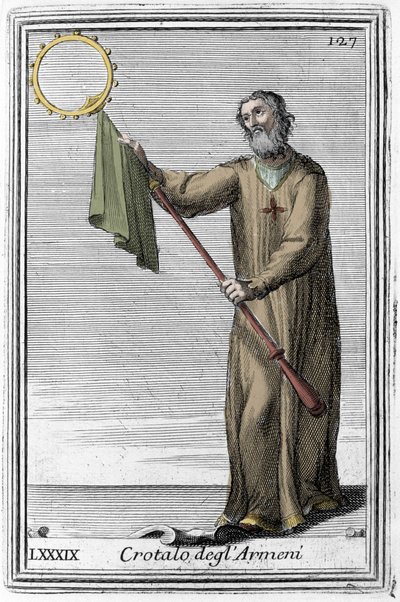 Armenernes klapperslange: et forfedres musikkinstrument til kastagnetten. Gravering fra "Gabinetto Armonico pieno d'Instromenti", studie på musikkinstrumenter, av Jesuite Filippo Bonanni (1658-1723) 1725. av Italian School