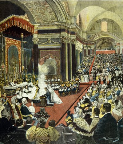 Det religiøse ekteskapet til den som skal bli kong Victor Emmanuel III (Victor-Emmanuel) (Vittorio Emanuele) med prinsesse Helene av Montenegro i kirken Santa Maria degli Angeli i Roma i 1896. av Italian School