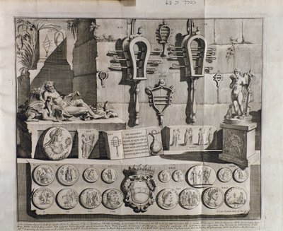The sistrum (sistra), forskjellige representasjoner fra De sistrum av Benedictus Bacchinius (1651-1721) av Italian School