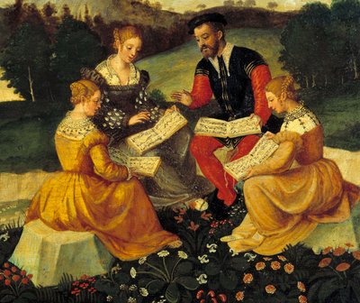 Vokalkonserten Painting of the Italian School. Det 16. århundre. Bourges, Hotel Lallemant - Den bukoliske konserten. Maleri av den italienske skolen. Det 16. århundre. Hotel Lallemant, Bourges, Frankrike av Italian School