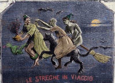 Heksene på vei til sabbaten: en er på en svart katt, en annen på en kost og den tredje på en drage bærer en eliksir. Gravering. av Italian School