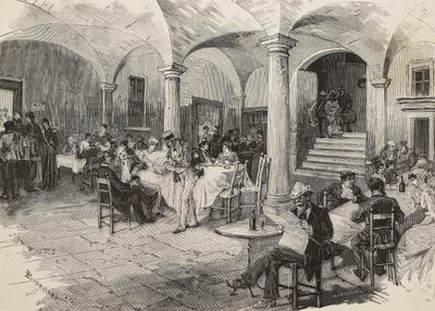Tredjeklassepassasjerer og førsteklasses karantenepassasjerer, desinfiserende bagasje, Quarcino-slottet, ved den sveitsiske grensen, koleraepidemi, Italia, gravering av Mancastropa fra tegning av Bonamore, fra L'Illustration Italiana, nr. 31, 3. august av Italian School