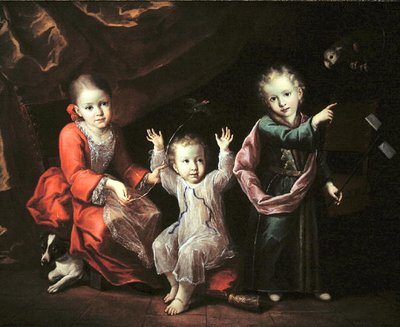 Tre barn i et interiør omgitt av deres kjæledyr, ca. 1680 (olje på lerret) av Italian School