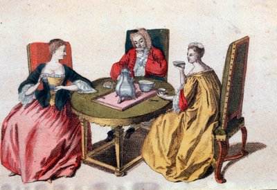 Tre venetianske adelsmenn nyter en sjokoladegravering fra 1700-tallets Venezia, Correr museum av Italian School