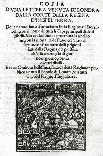 Tittelside for en kopi av et brev sendt fra domstolen til dronningen av England (tresnitt og boktrykk) av Italian School
