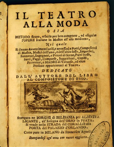 Tittelside til 'Teatro della Moda', av Benedetto Marcello (litho) av Italian School