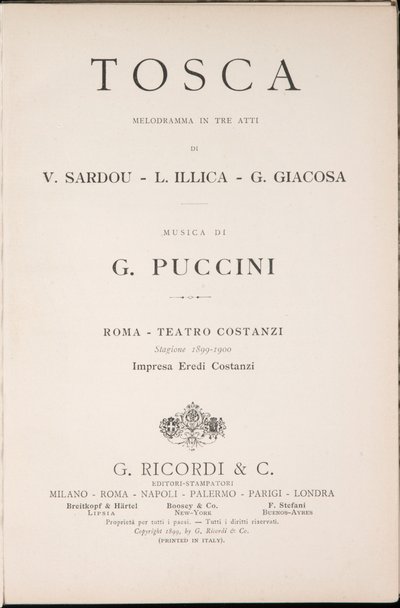 Tittelside, Libretto della Tosca, av Giacomo Puccini, Ricordi Edition, Italia av Italian School