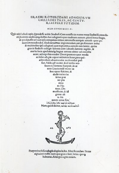 Tittelside til Adages of Erasmus, trykt av Aldus Manutius i Venezia, 1508 (trykt papir og gravering) av Italian School