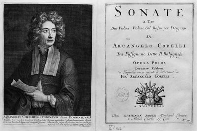 Tittelsiden til Sonate a Tre med et portrett av Arcangelo Corelli (1653-1713) av Italian School