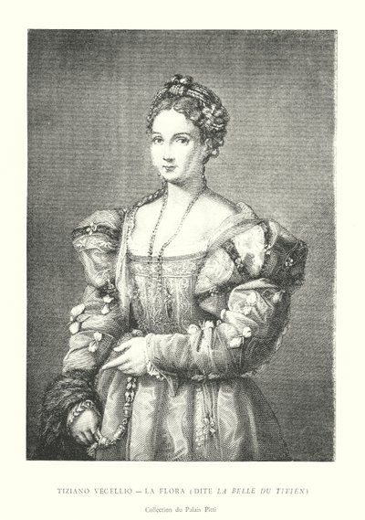 Tiziano Vecellio, La Flora, Say La Belle du Titien, Collection du Palais Pitti (gravering) av Italian School